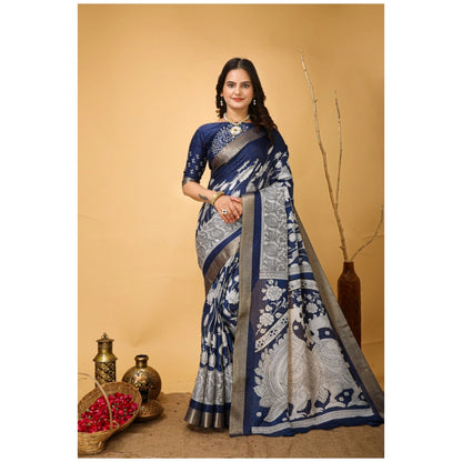 Women's Soft Handloom Cotton Kalamkari Printed Saree With Unstitched Blouse 5.5Mtr (Blue)