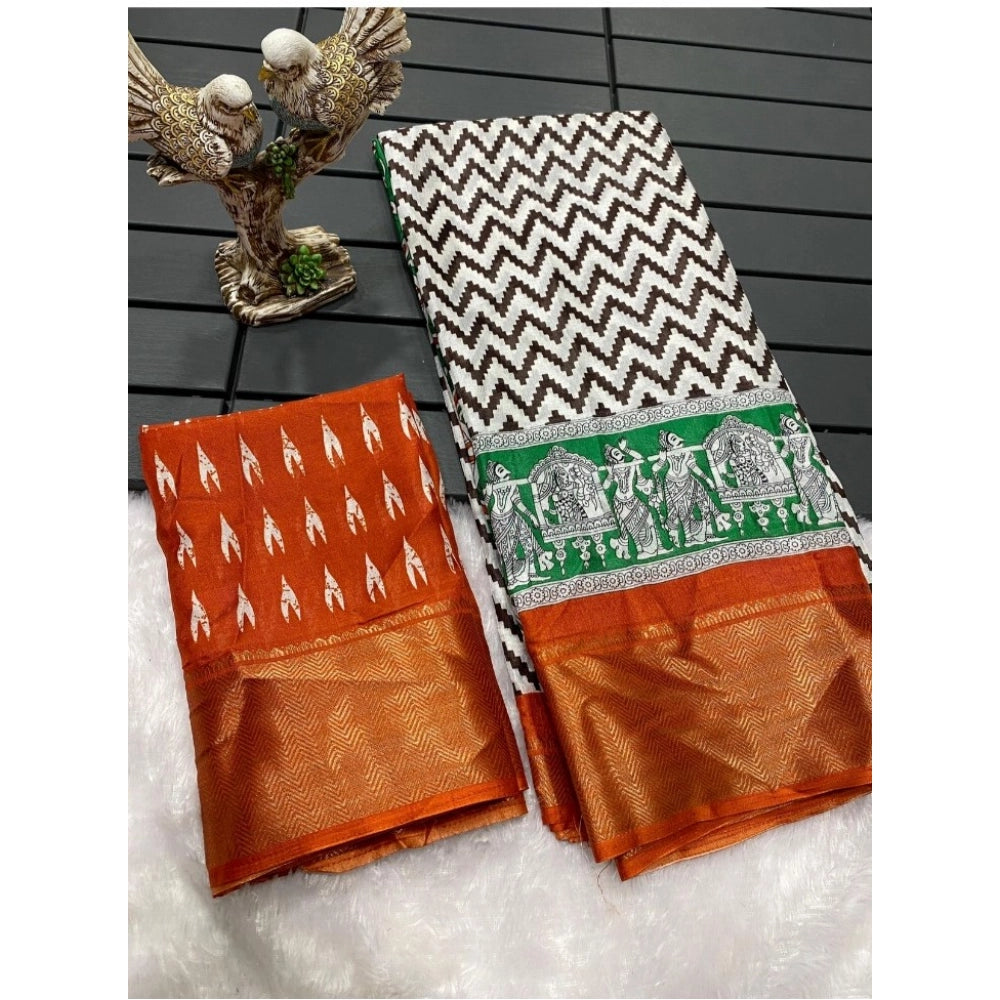 Women's Soft Dola Cotton Kalamkari Printed Saree With Unstitched Blouse 5.5Mtr (Orange)