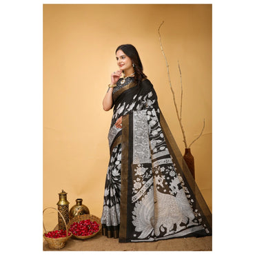 Women's Soft Handloom Cotton Kalamkari Printed Saree With Unstitched Blouse 5.5Mtr (Black)
