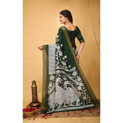 Women's Soft Handloom Cotton Kalamkari Printed Saree With Unstitched Blouse 5.5Mtr (Green)