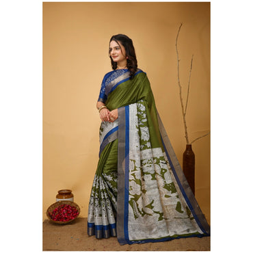 Women's Soft Handloom Cotton Kalamkari Printed Saree With Unstitched Blouse 5.5Mtr (Mehendi)