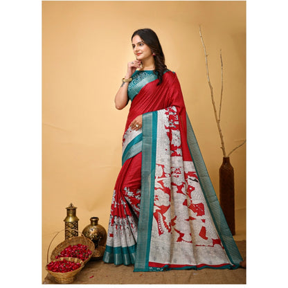 Women's Soft Handloom Cotton Kalamkari Printed Saree With Unstitched Blouse 5.5Mtr (Red)