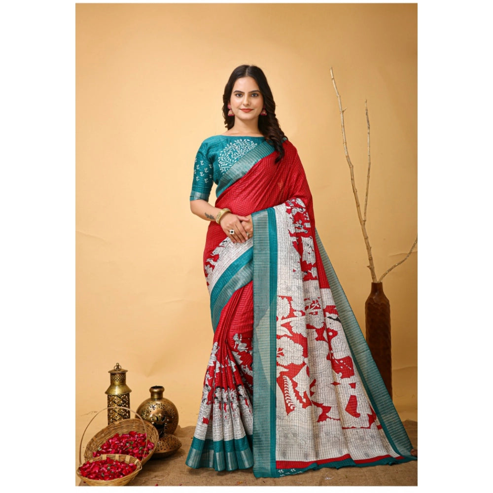 Women's Soft Handloom Cotton Kalamkari Printed Saree With Unstitched Blouse 5.5Mtr (Red)