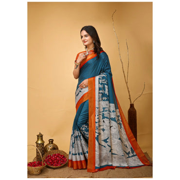 Women's Soft Handloom Cotton Kalamkari Printed Saree With Unstitched Blouse 5.5Mtr (Teal Blue)