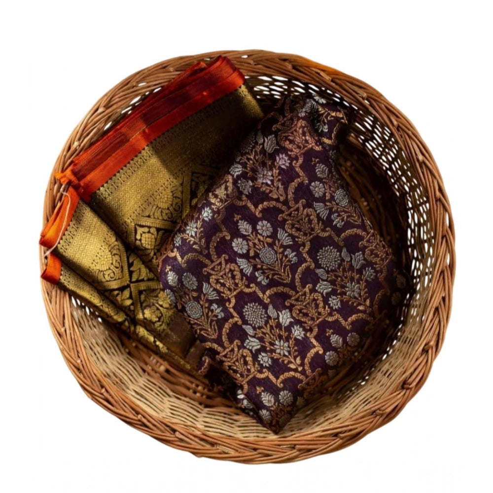 Women's Soft Lichi Silk Printed Saree With Unstitched Blouse 5.5Mtr (Purple)