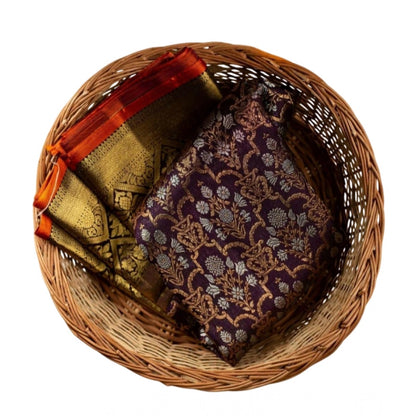 Women's Soft Lichi Silk Printed Saree With Unstitched Blouse 5.5Mtr (Purple)