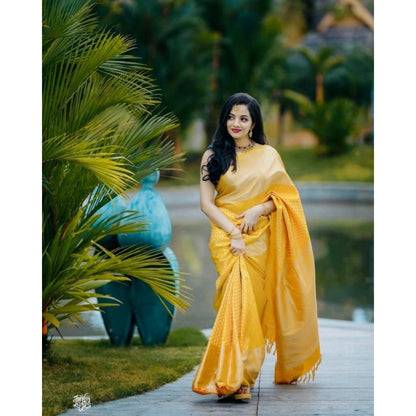 Women's Soft Lichi Silk Printed Saree With Unstitched Blouse 5.5Mtr (Yellow)