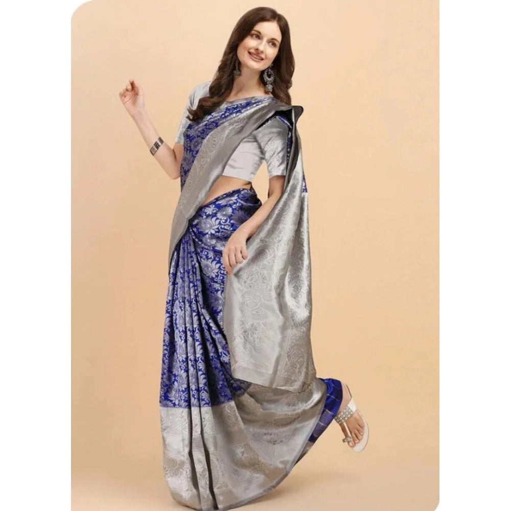 Women's Soft Lichi Silk Printed Saree With Unstitched Blouse 5.5Mtr (Blue)