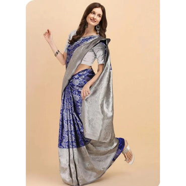 Women's Soft Lichi Silk Printed Saree With Unstitched Blouse 5.5Mtr (Blue)