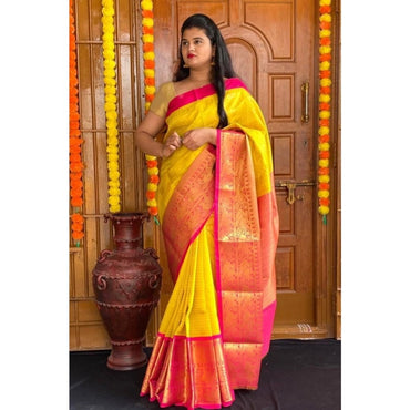 Women's Soft Lichi Silk Printed Saree With Unstitched Blouse 5.5Mtr (Yellow)