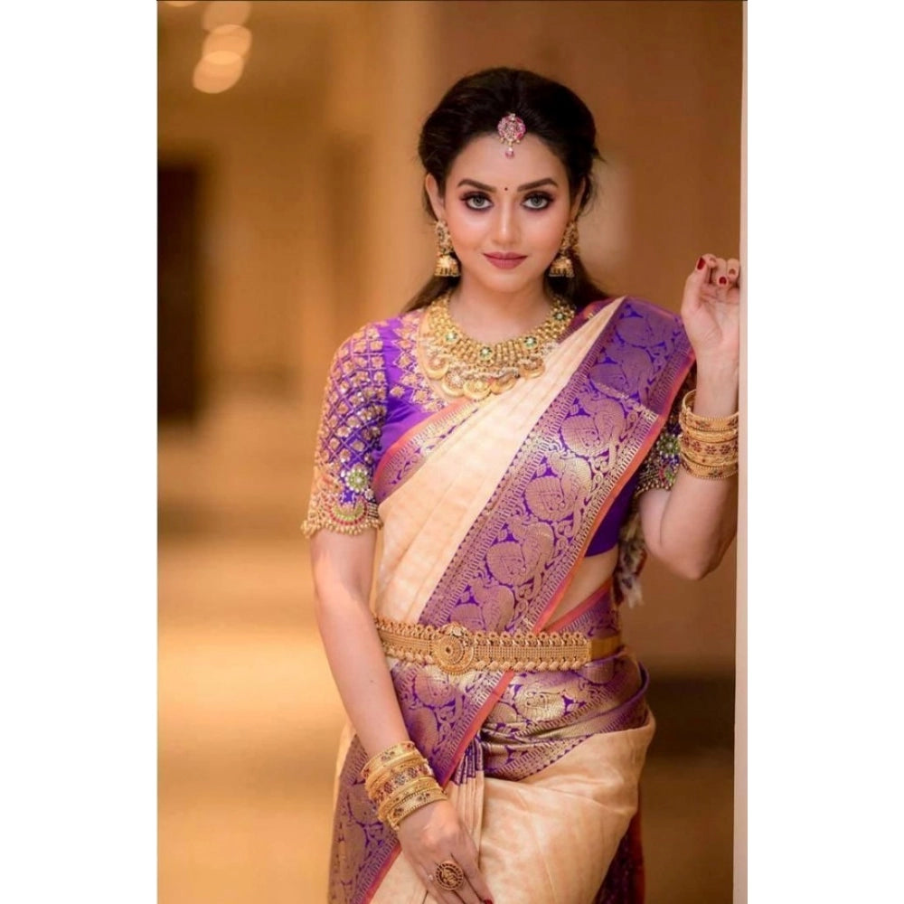 Women's Soft Lichi Silk Printed Saree With Unstitched Blouse 5.5Mtr (Purple)