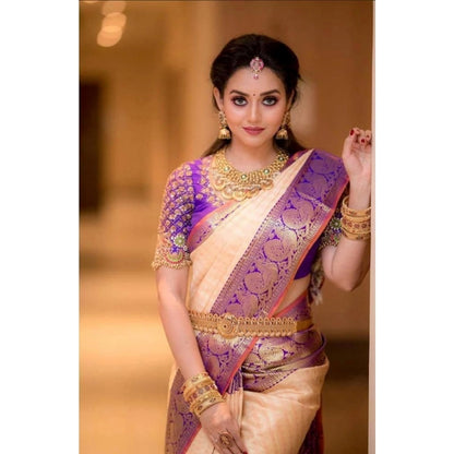 Women's Soft Lichi Silk Printed Saree With Unstitched Blouse 5.5Mtr (Purple)