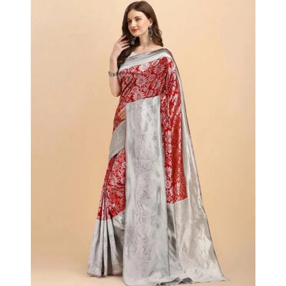 Women's Soft Lichi Silk Printed Saree With Unstitched Blouse 5.5Mtr (Red)