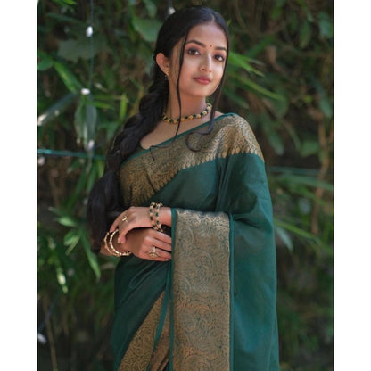 Women's Soft Lichi Silk Solid Saree With Unstitched Blouse 5.5Mtr (Green)