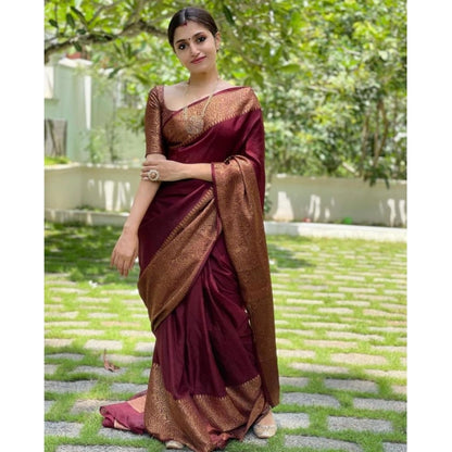 Women's Soft Lichi Silk Solid Saree With Unstitched Blouse 5.5Mtr (Maroon)
