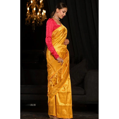 Women's Soft Lichi Silk Woven Saree With Unstitched Blouse 5.5Mtr (Yellow)