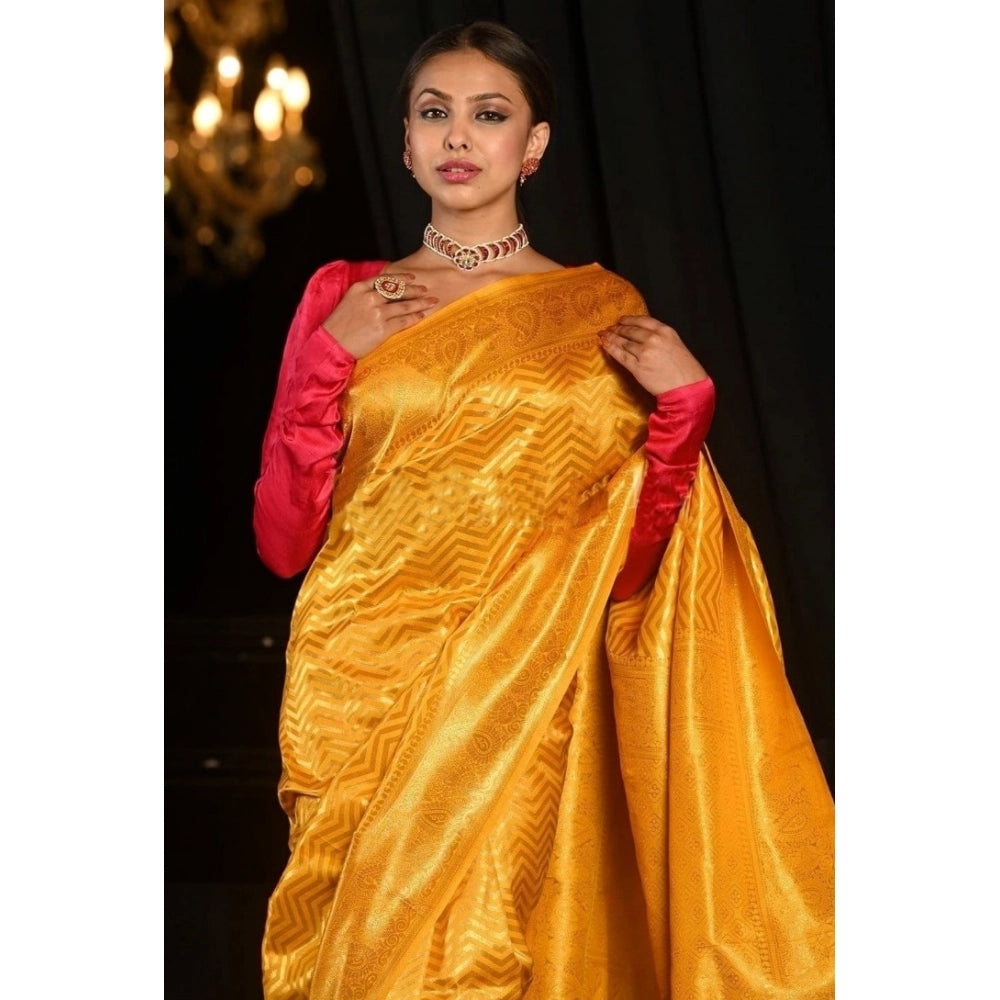 Women's Soft Lichi Silk Woven Saree With Unstitched Blouse 5.5Mtr (Yellow)