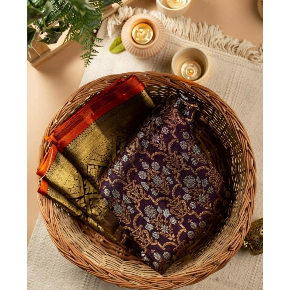 Women's Soft Lichi Silk Printed Saree With Unstitched Blouse 5.5Mtr (Purple)