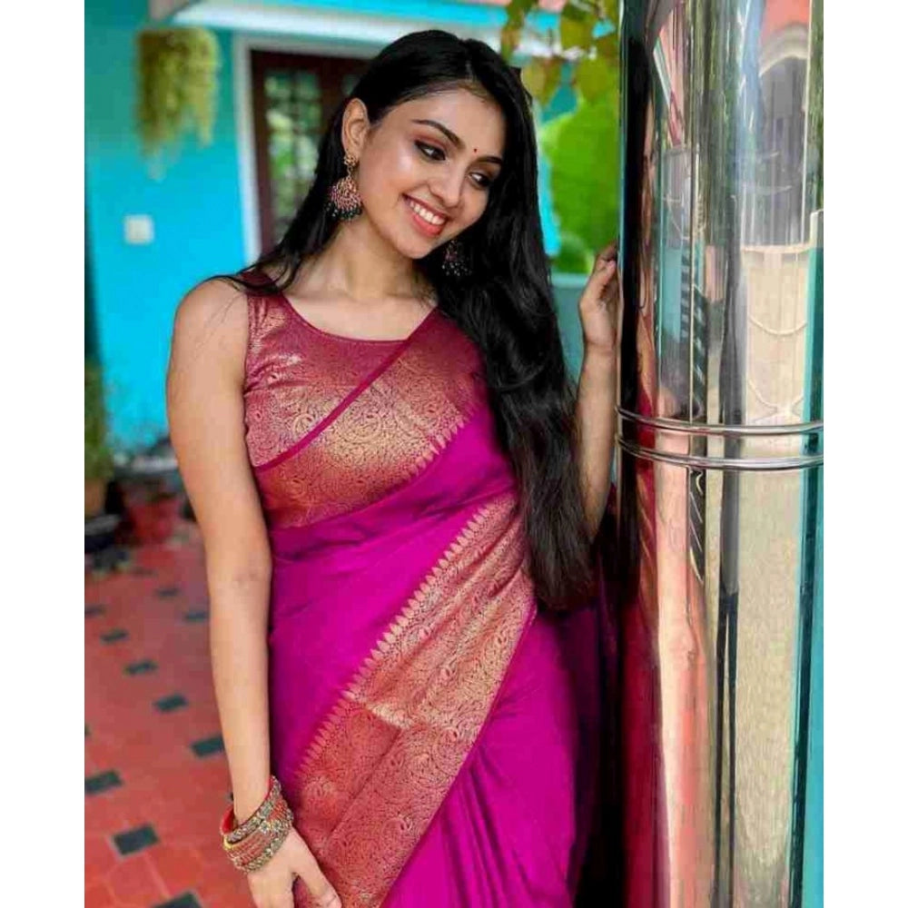 Women's Soft Lichi Silk Solid Saree With Unstitched Blouse 5.5Mtr (Pink)