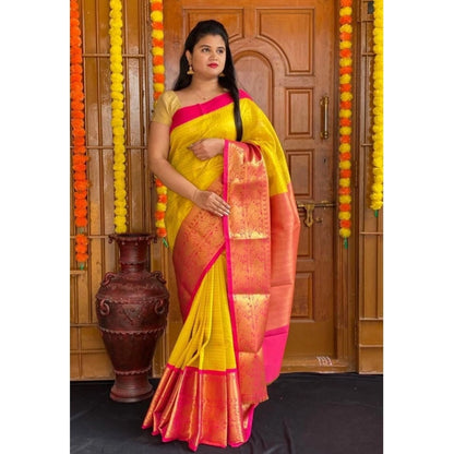 Women's Soft Lichi Silk Printed Saree With Unstitched Blouse 5.5Mtr (Yellow)