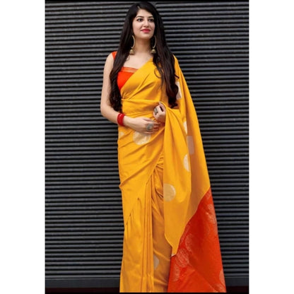 Women's Soft Lichi Silk Printed Saree With Unstitched Blouse 5.5Mtr (Yellow)