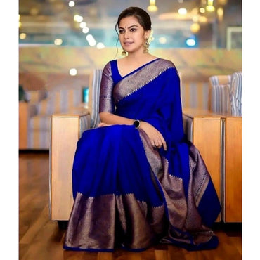 Women's Soft Lichi Silk Solid Saree With Unstitched Blouse 5.5Mtr (Blue)