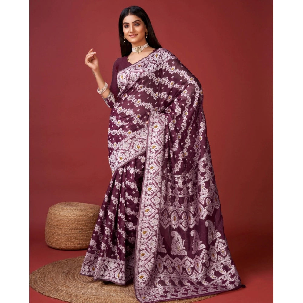 Women's Cotton Silk Printed Saree With Unstitched Blouse 5.5Mtr (Purple)
