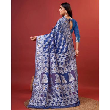 Women's Cotton Silk Printed Saree With Unstitched Blouse 5.5Mtr (Blue)