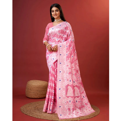 Women's Cotton Silk Printed Saree With Unstitched Blouse 5.5Mtr (Pink)