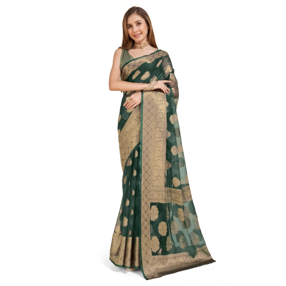 Women's Soft Organza Silk Weaving Design Saree With Unstitched Blouse 5.5Mtr (Green)
