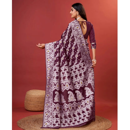 Women's Cotton Silk Printed Saree With Unstitched Blouse 5.5Mtr (Purple)