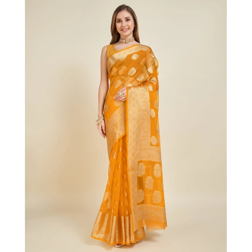 Women's Soft Organza Silk Weaving Design Saree With Unstitched Blouse 5.5Mtr (Yellow)