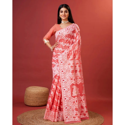 Women's Cotton Silk Printed Saree With Unstitched Blouse 5.5Mtr (Peach)