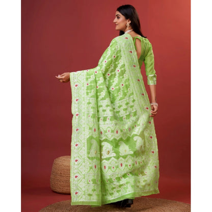 Women's Cotton Silk Printed Saree With Unstitched Blouse 5.5Mtr (Light Green)