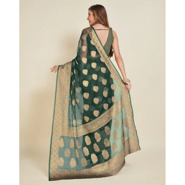 Women's Soft Organza Silk Weaving Design Saree With Unstitched Blouse 5.5Mtr (Green)