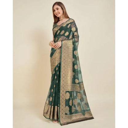 Women's Soft Organza Silk Weaving Design Saree With Unstitched Blouse 5.5Mtr (Green)