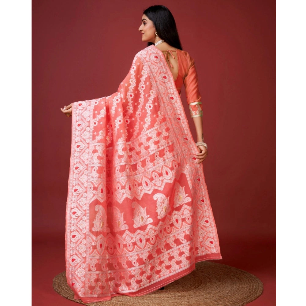 Women's Cotton Silk Printed Saree With Unstitched Blouse 5.5Mtr (Peach)