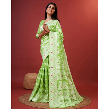Women's Cotton Silk Printed Saree With Unstitched Blouse 5.5Mtr (Light Green)
