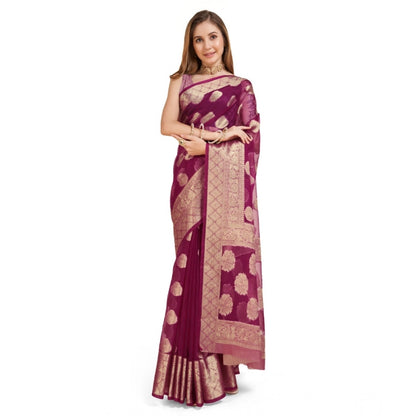 Women's Soft Organza Silk Weaving Design Saree With Unstitched Blouse 5.5Mtr (Wine)