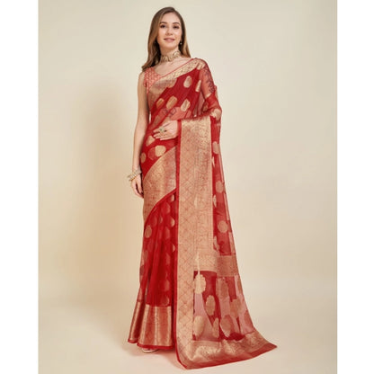 Women's Soft Organza Silk Weaving Design Saree With Unstitched Blouse 5.5Mtr (Red)