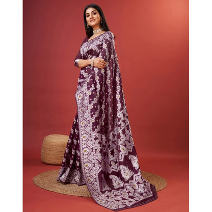 Women's Cotton Silk Printed Saree With Unstitched Blouse 5.5Mtr (Purple)
