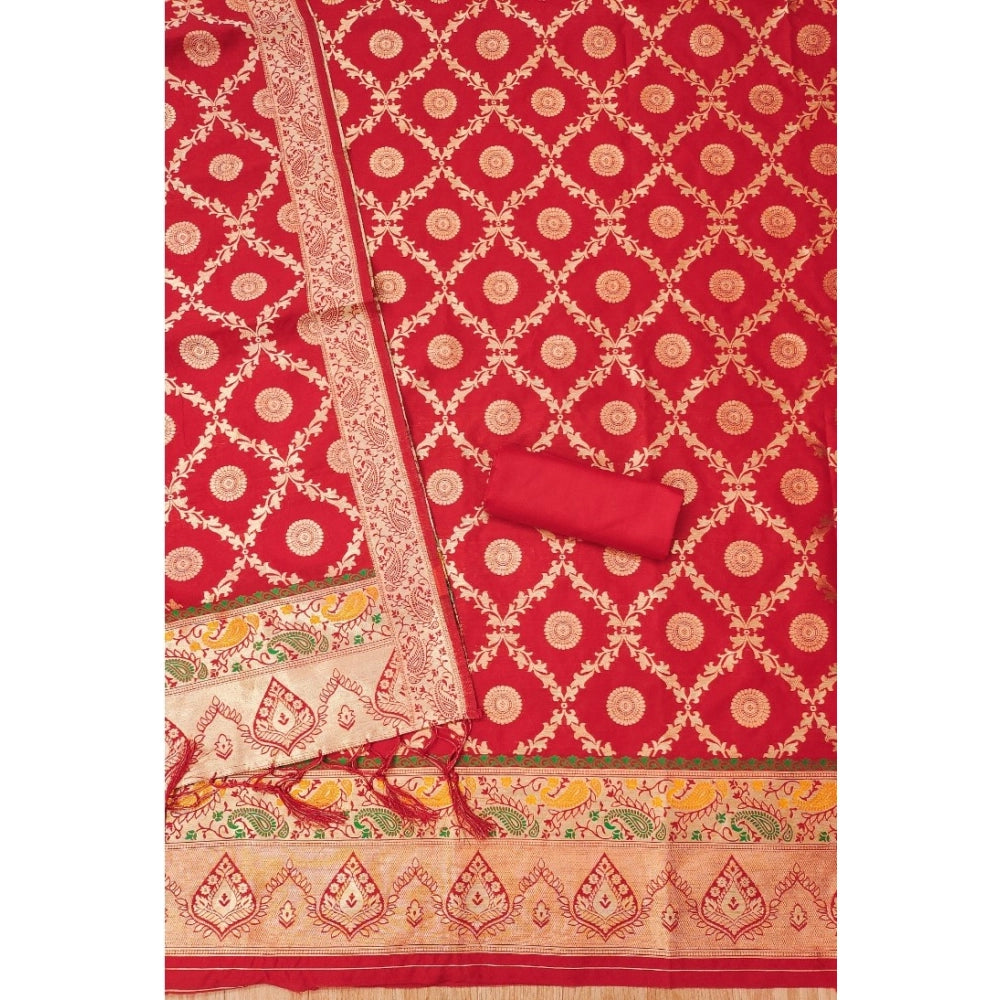 Women's Banarasi Silk Printed Unstitched Salwar Suit Material With Dupatta (Red, 3Mtrs)