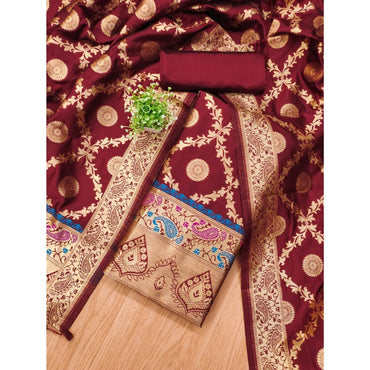 Women's Banarasi Silk Printed Unstitched Salwar Suit Material With Dupatta (Maroon, 3Mtrs)