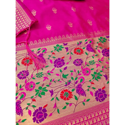 Women's Banarasi Silk Printed Unstitched Salwar Suit Material With Dupatta (Pink, 3Mtrs)