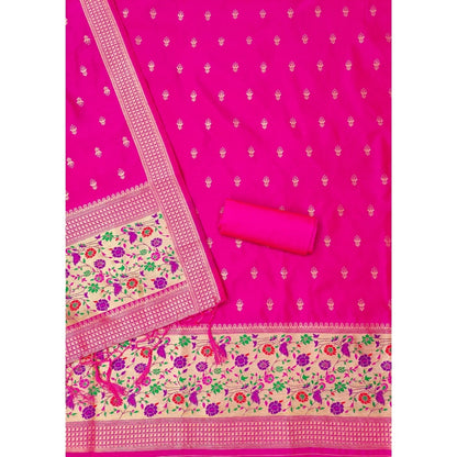 Women's Banarasi Silk Printed Unstitched Salwar Suit Material With Dupatta (Pink, 3Mtrs)