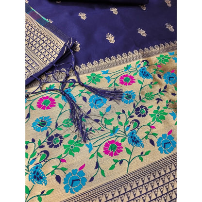 Women's Banarasi Silk Printed Unstitched Salwar Suit Material With Dupatta (Navy Blue, 3Mtrs)