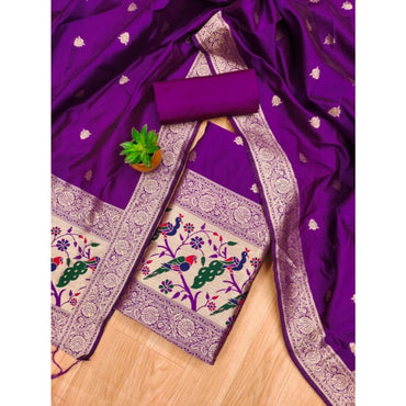 Women's Banarasi Silk Printed Unstitched Salwar Suit Material With Dupatta (Purple, 3Mtrs)