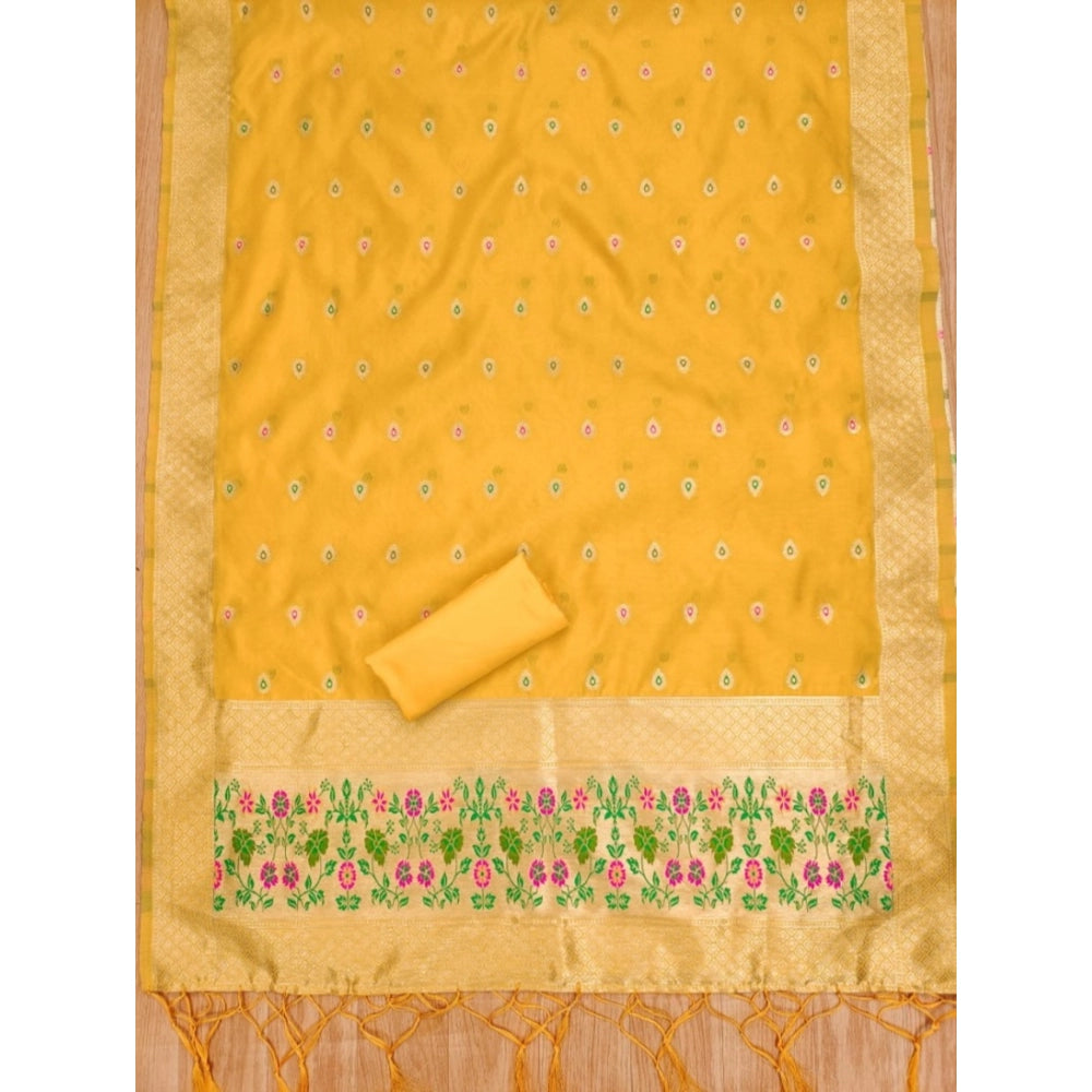 Women's Banarasi Silk Printed Unstitched Salwar Suit Material With Dupatta (Yellow, 3Mtrs)