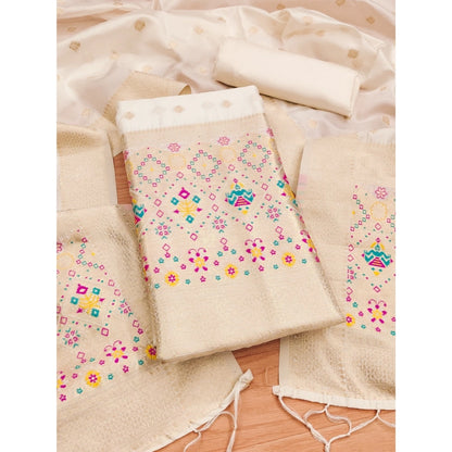 Women's Banarasi Silk Printed Unstitched Salwar Suit Material With Dupatta (White, 3Mtrs)