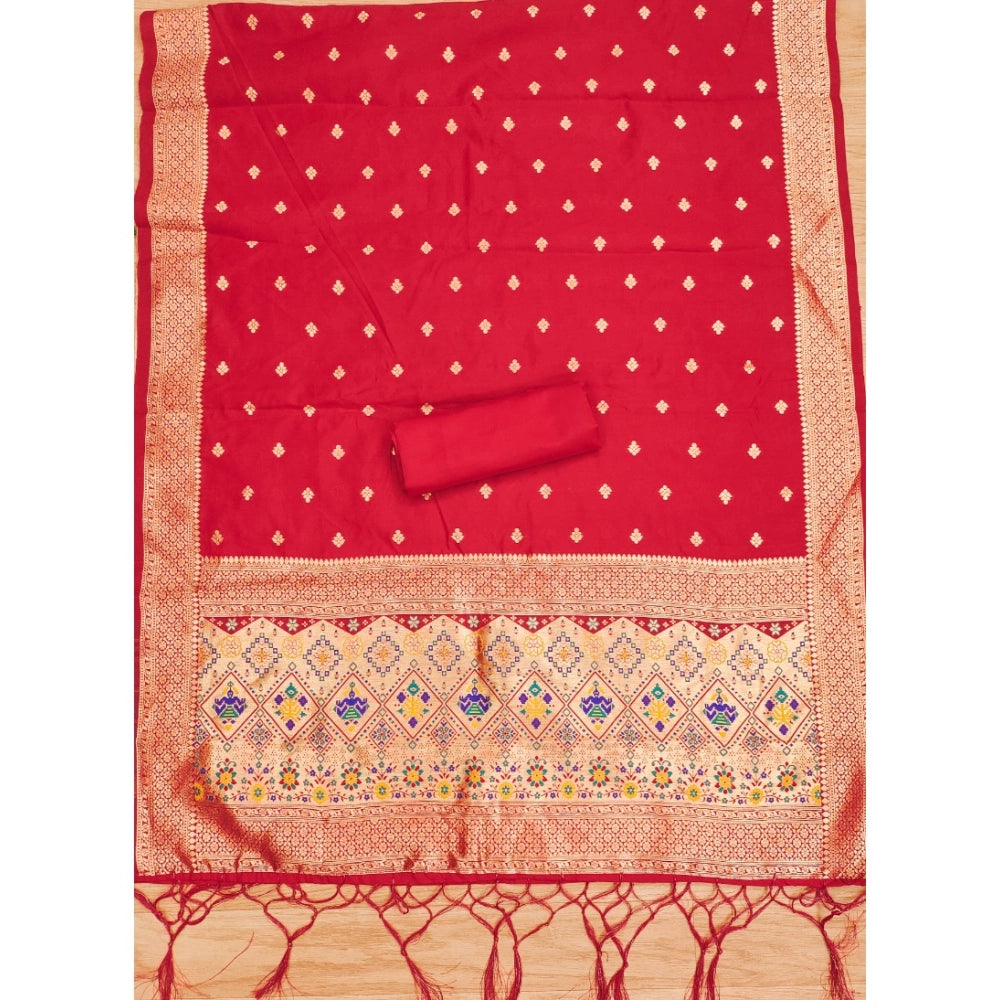 Women's Banarasi Silk Printed Unstitched Salwar Suit Material With Dupatta (Red, 3Mtrs)